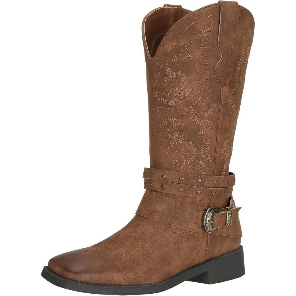 SheSole Western Boots Women's Brown Tan Faux Leather Square Toe Wide Mid Calf
